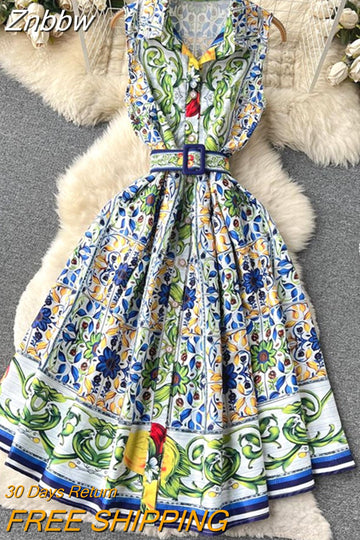 Znbbw Summer Runway Shirt Dress Women's Notch Collar Sleeveless Blue and White Porcelain Print Lace Up Belt Pleated Midi Dress